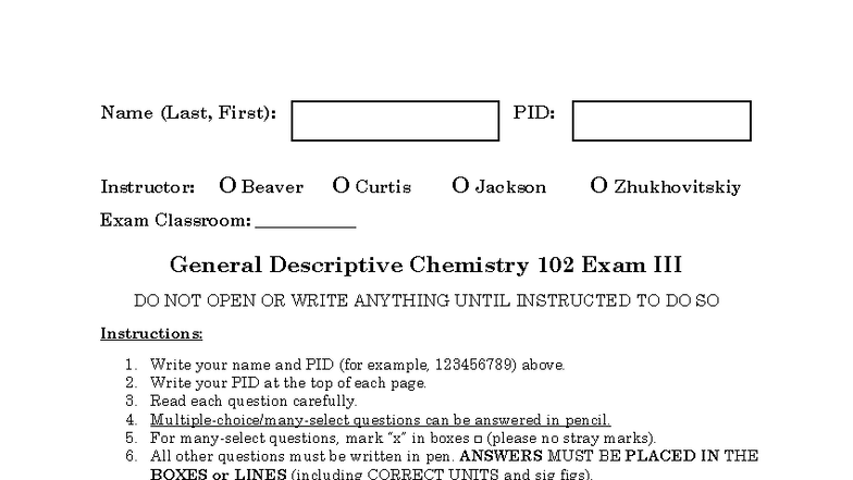 FA25 CHEM 102 Exam 3 Instructions and Questions - Spring 2025 - Studocu
