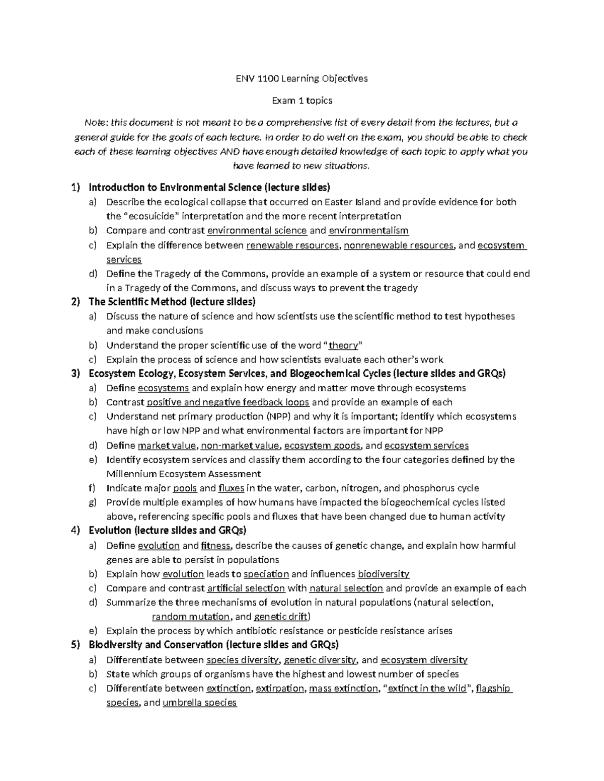ENV 1100 Exam 1 Learning Objectives and Topics Guide - ENV 1100 ...