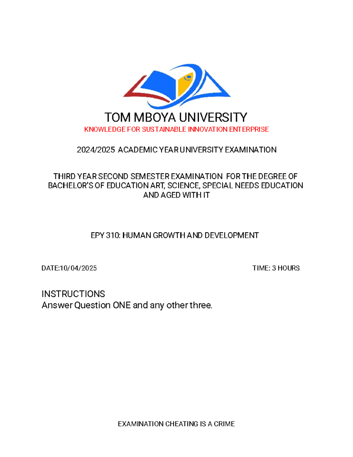 EPY 310: Human Growth and Development Exam - 3rd Year, 2nd Sem - Studocu