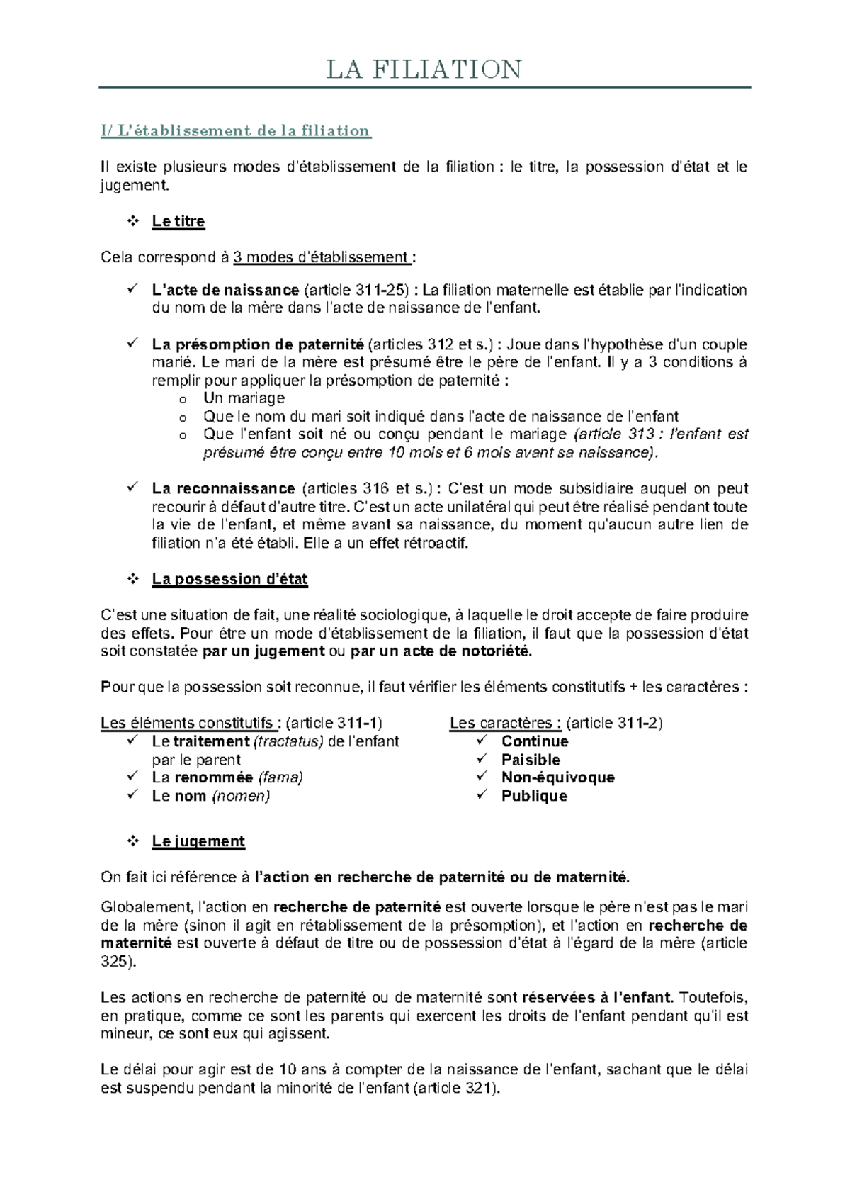 LA FILIATION : Modes et Conditions - Fiche de Cours - Studocu