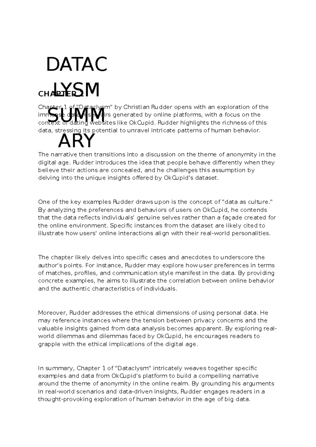 Dataclysm Summary - CHAPTER 1 Chapter 1 of 