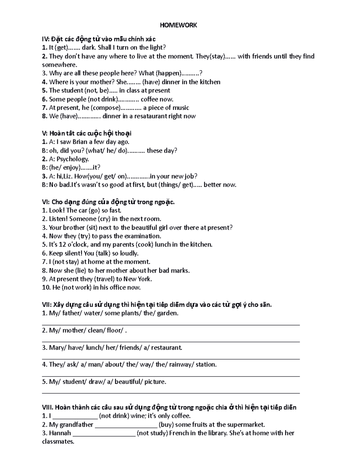 Homework on Present Continuous Tense Exercises - Studocu