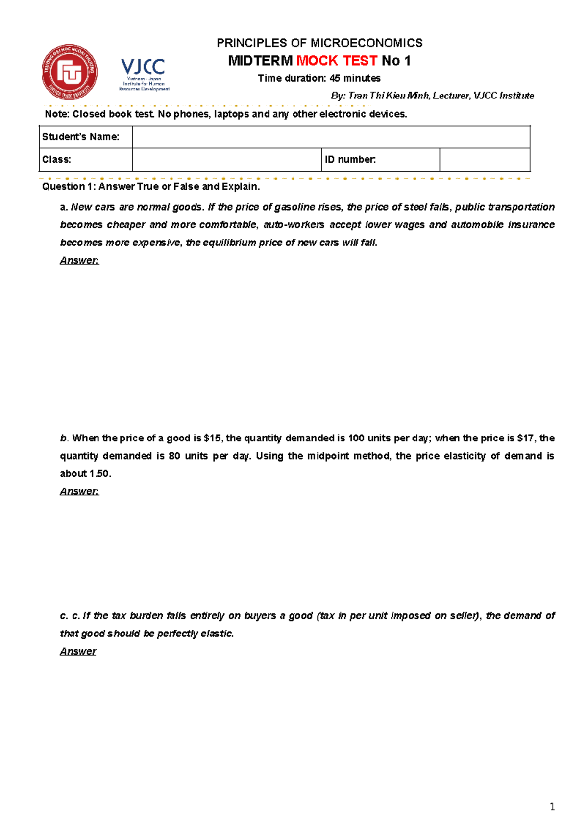 Mock Test for Midterm 1 - Principles of Microeconomics - Studocu