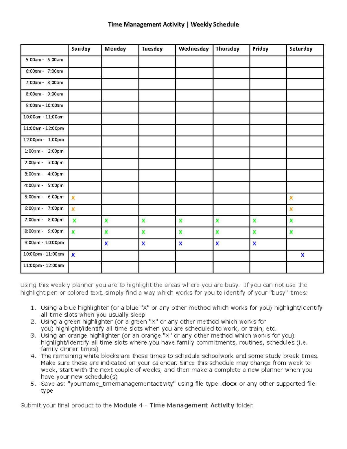 Time Management Activity: Weekly Schedule Planner - Studocu