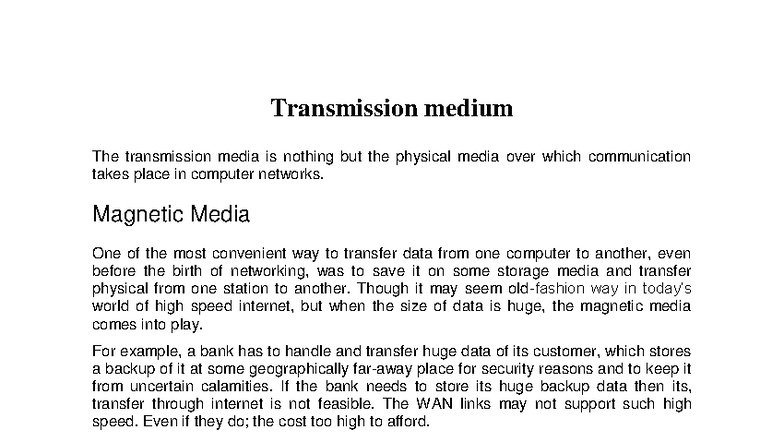 Transmission Medium - Notes on Communication Media in Networks - Studocu