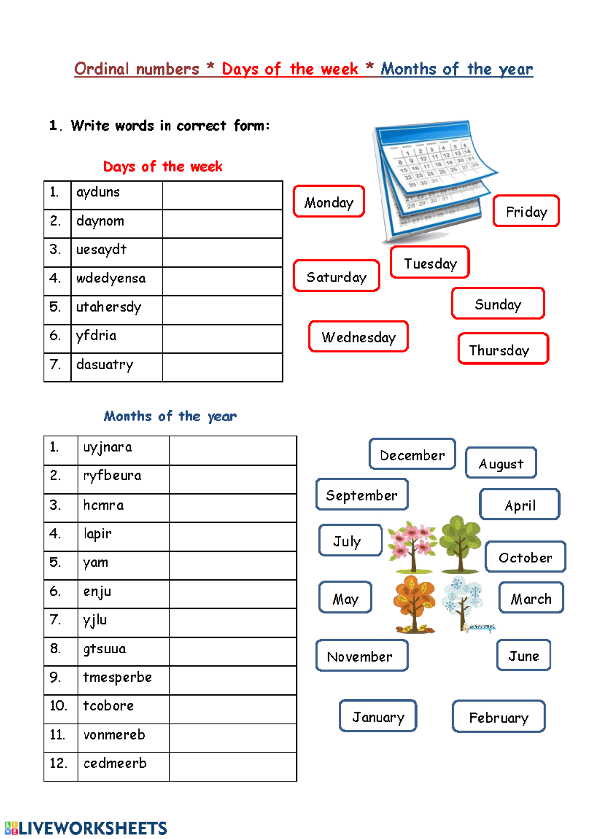 English Months and Days - Ordinal Numbers Practice - Studocu