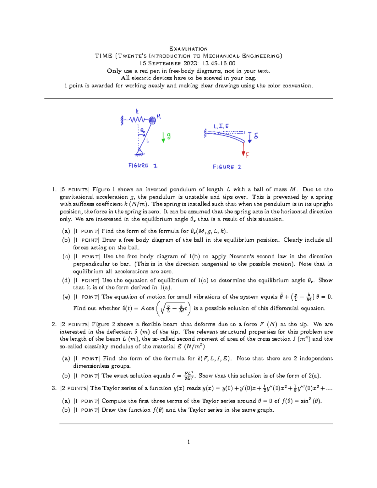 TIME oefenexamen: Inverted Pendulum & Beam Deflection Analysis ...
