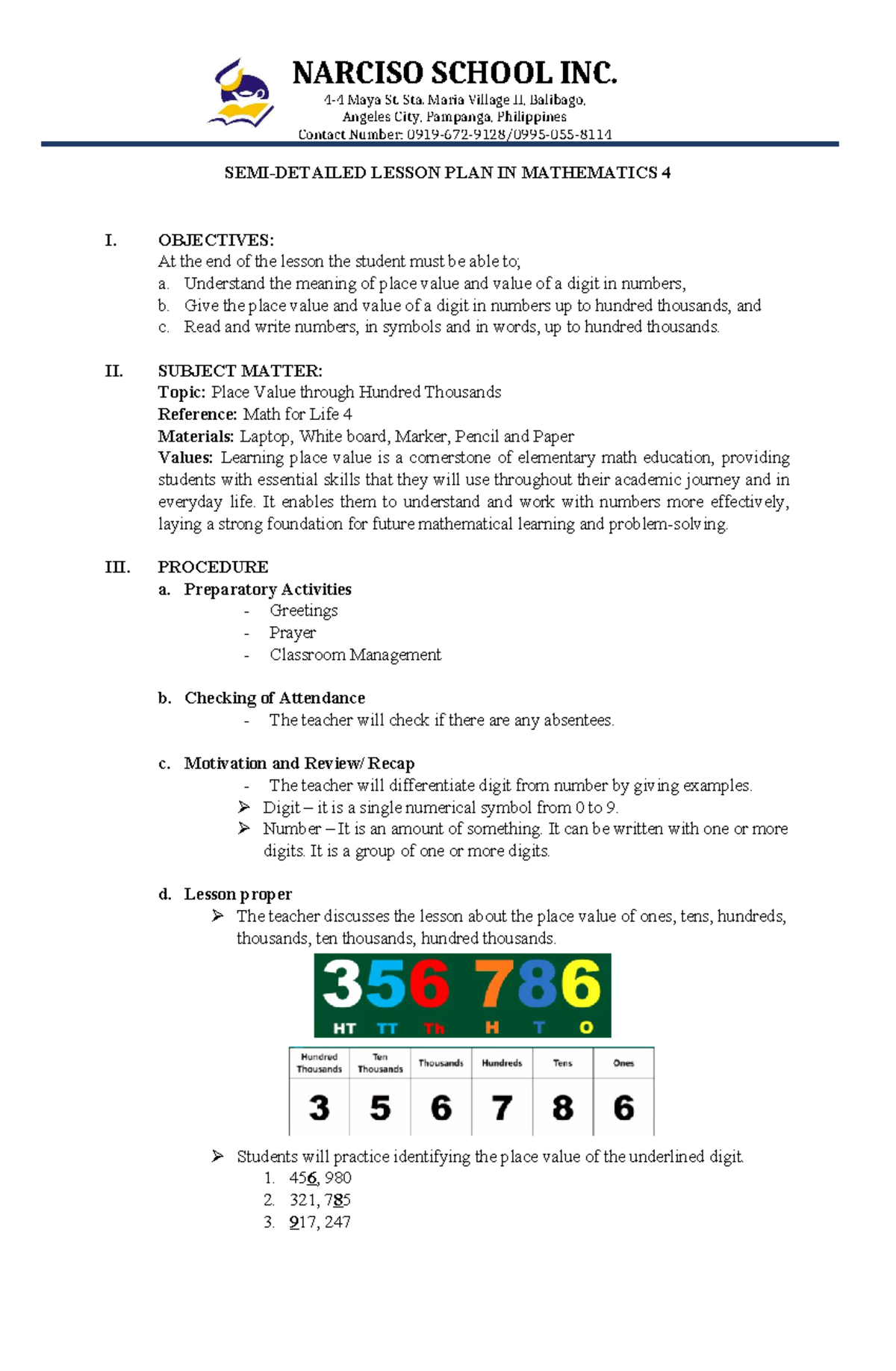 Math 4 Semi-Detailed Lesson Plan on Place Value (Q1.L1) - Studocu