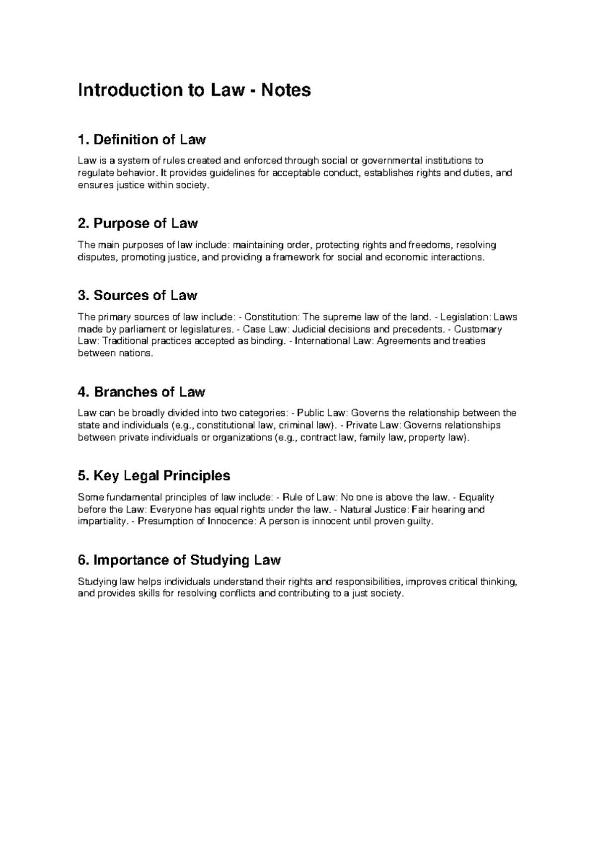LAW101: Intro to Law - Key Concepts and Principles Notes - Studocu