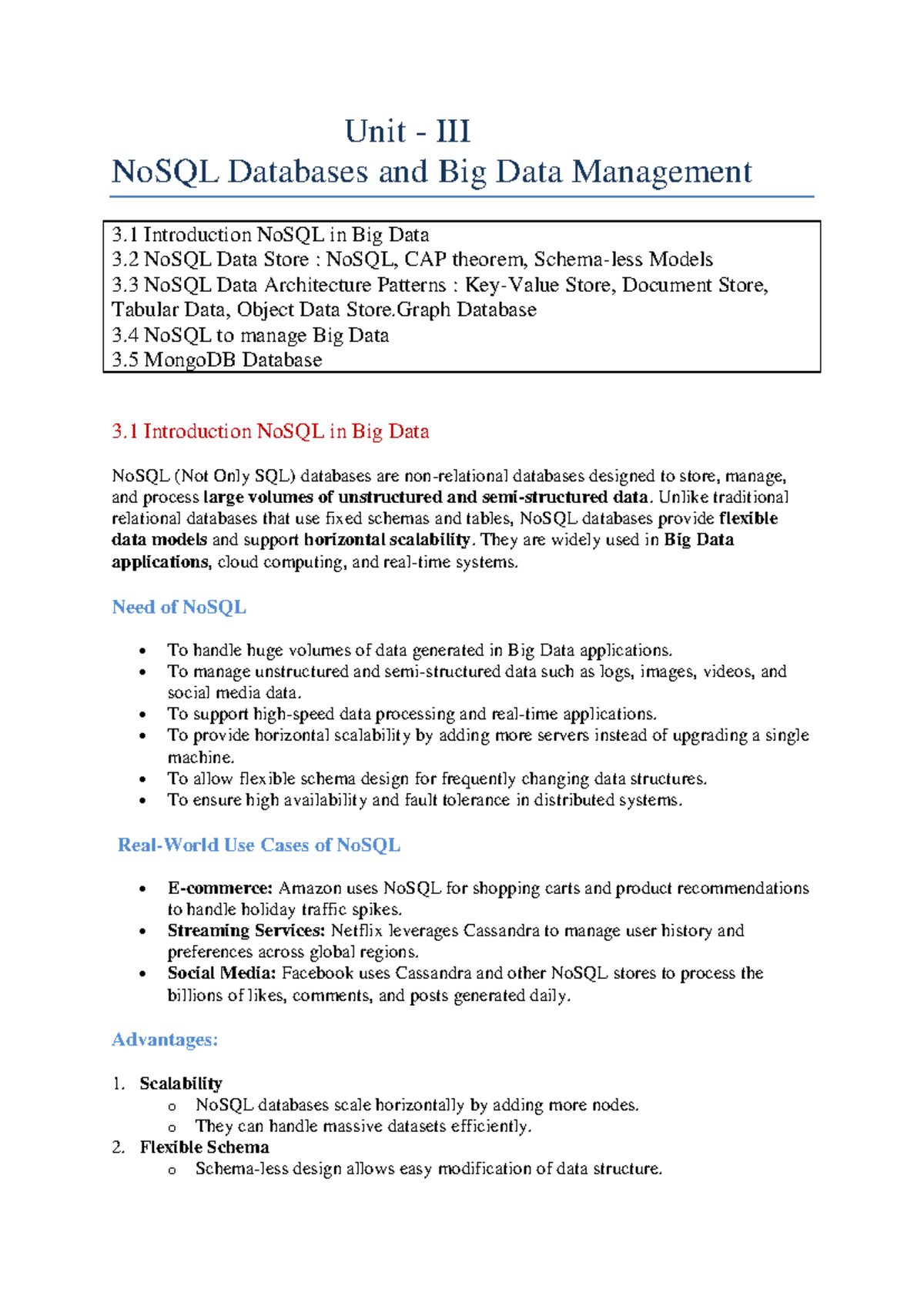 Unit 3: NoSQL Databases & Big Data Management Overview - Studocu