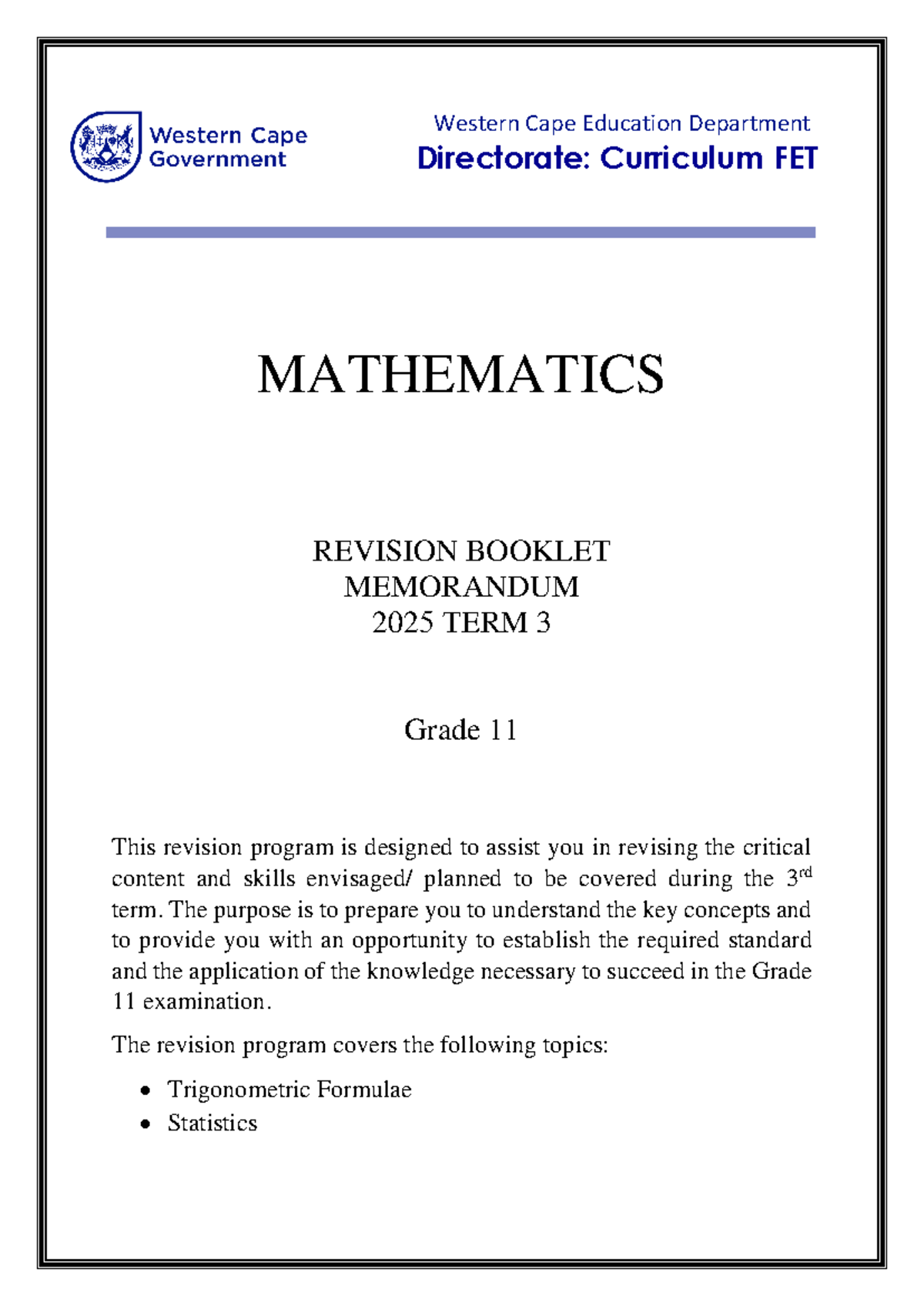 GR 11 MATHEMATICS TERM 3 REVISION BOOKLET 2025 - Studocu