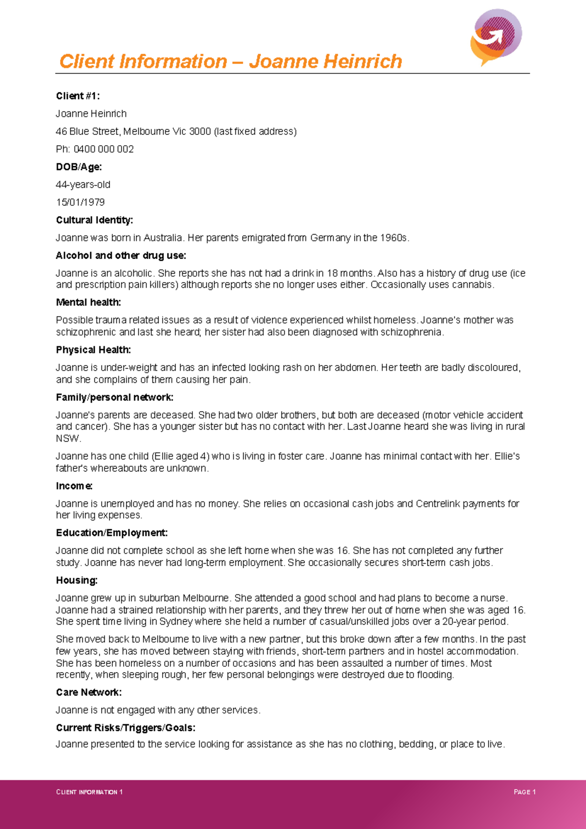 Client Info: Joanne Heinrich - Assessment Summary & Support Needs - Studocu