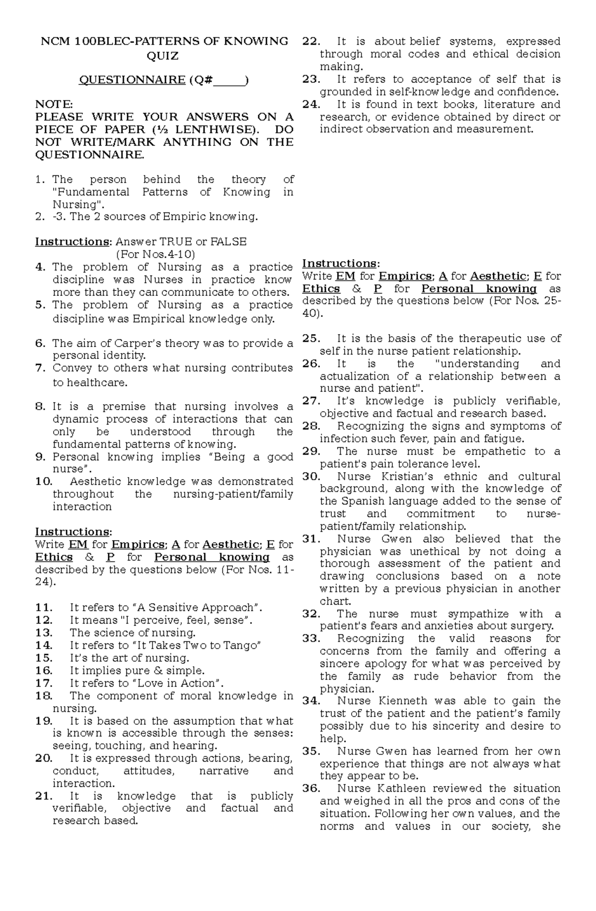 Quiz on Patterns of Knowing with Answer Key - Nursing - FSUU - Studocu