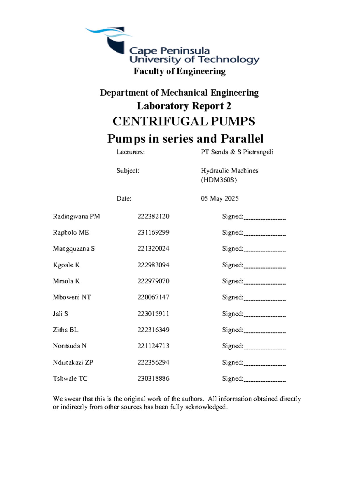 LAB Report 2: Centrifugal Pumps in Series and Parallel (HDM360S) - Studocu