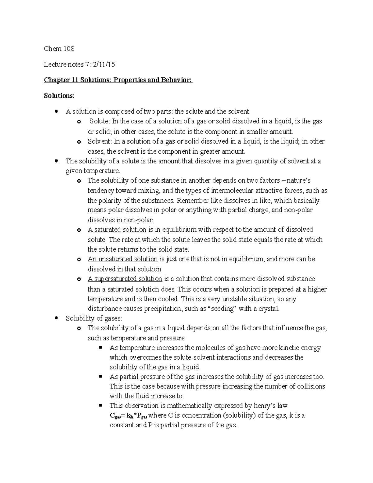 Chem 108 Lecture Notes 7: Chapter 11 Solutions - Properties & Behavior ...