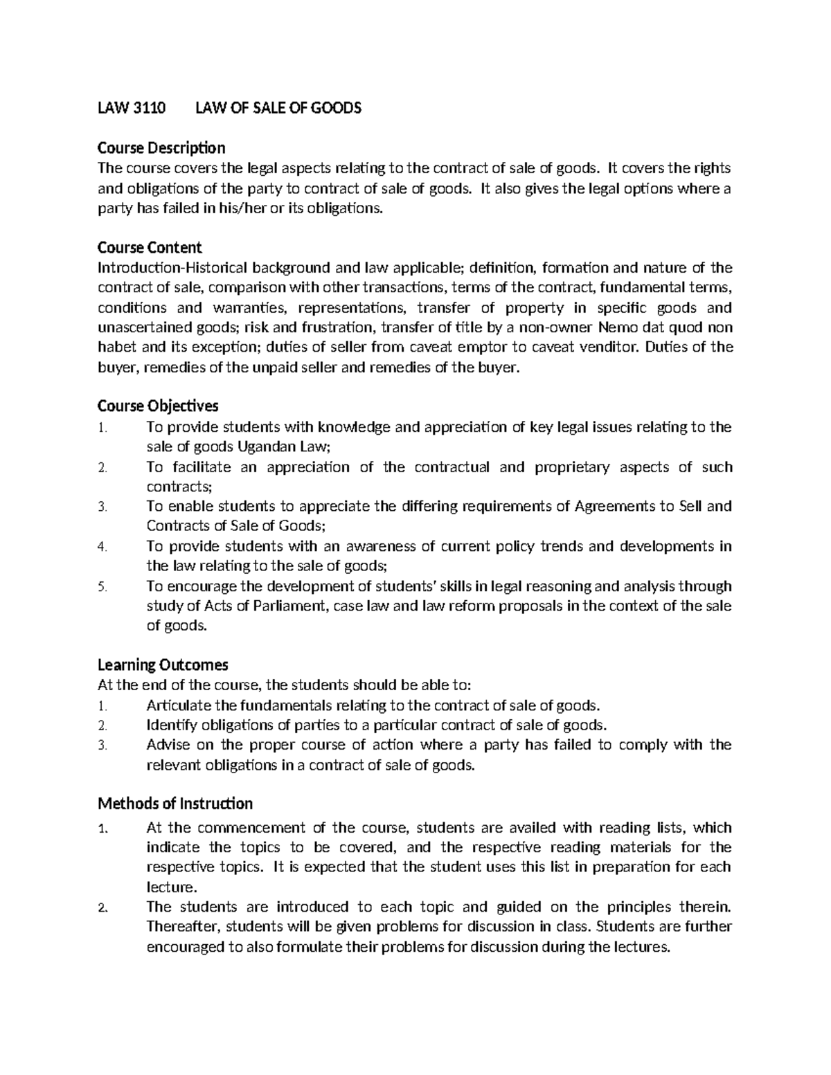 LAW 3110 Final Exam Notes: Law of Sale of Goods Overview - Studocu