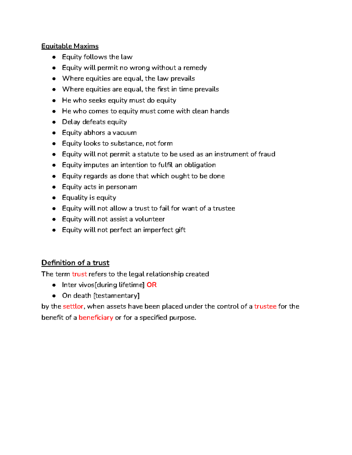Equitable Maxims Equitable Maxims Equity Follows The Law Equity Will