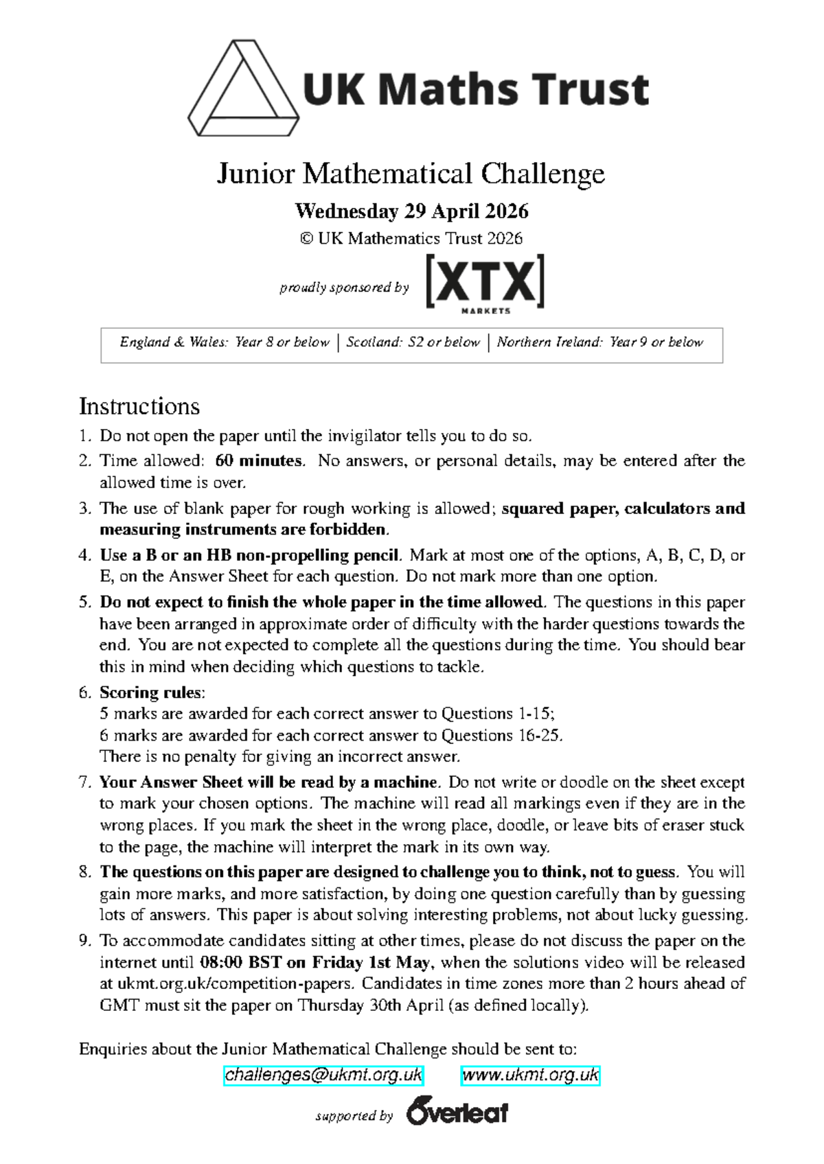 JMC Paper 2026: Junior Mathematical Challenge Instructions and ...