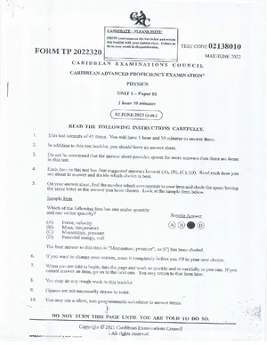 Physics CAPE 2021 Unit 1 Paper 01 Instructions & Test Items - Studocu