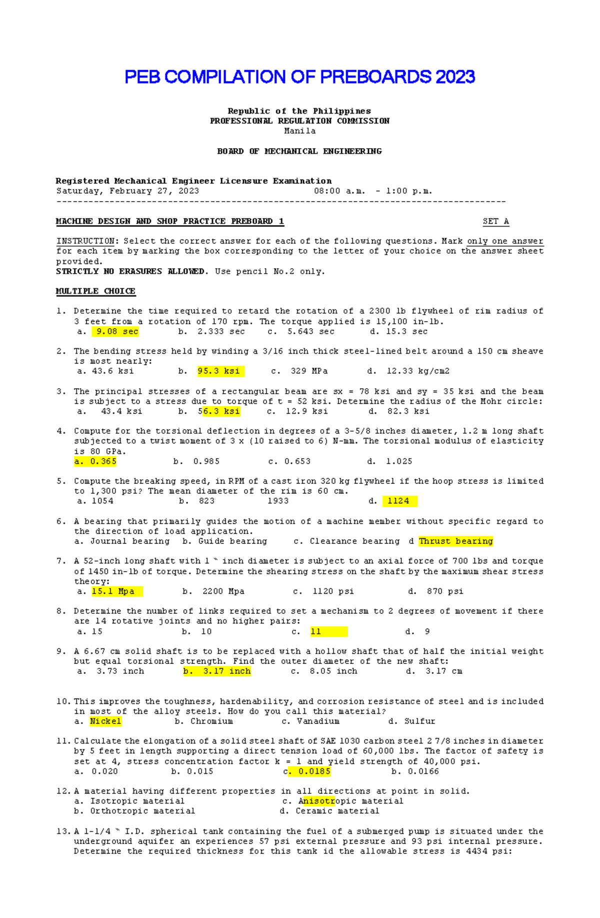 MDSP ME Board Exam Preboard Compilation 2023: Set A & B - Document Preview
