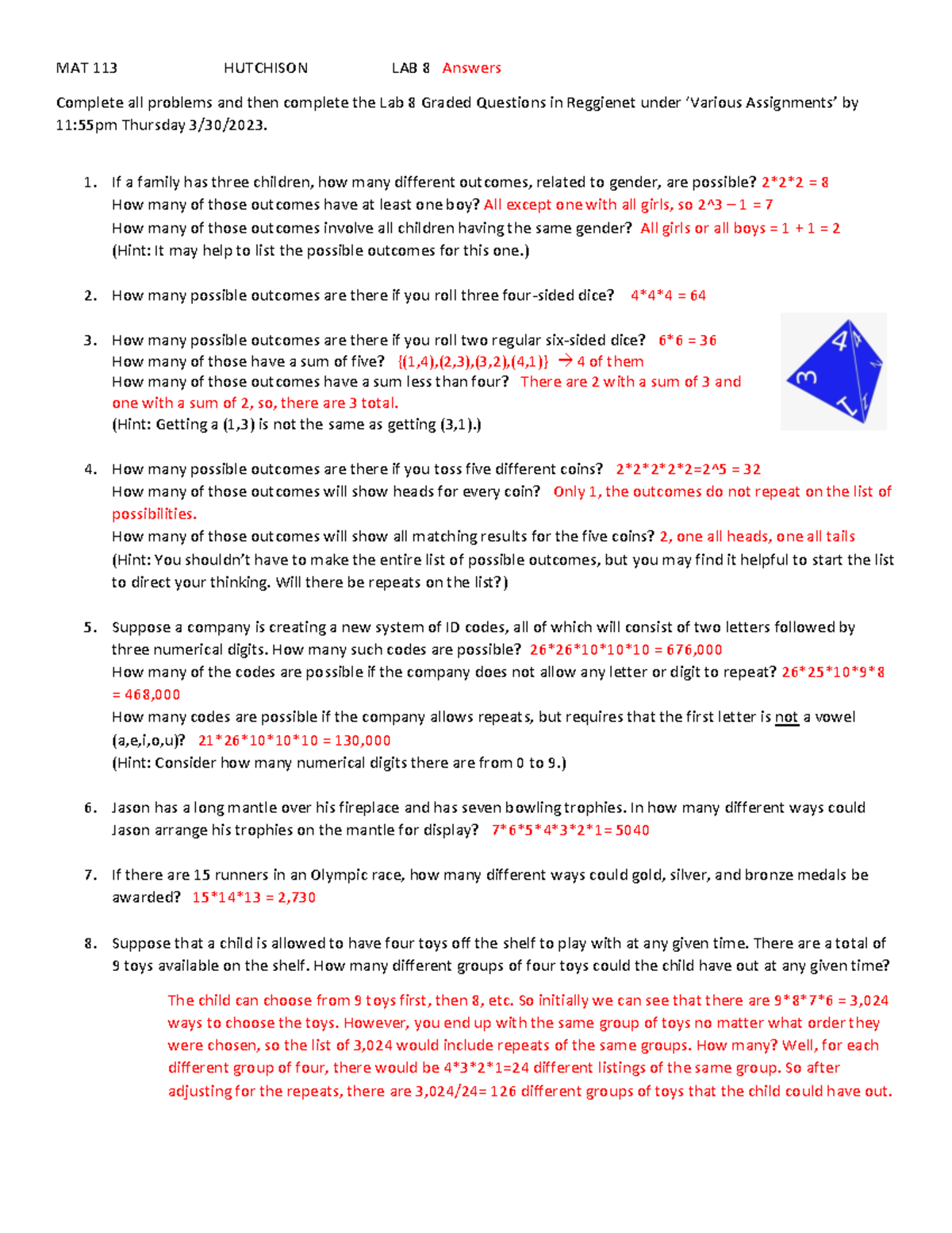 Lab 8 Solutions - MAT 113 Statistics and Probability Analysis - Studocu