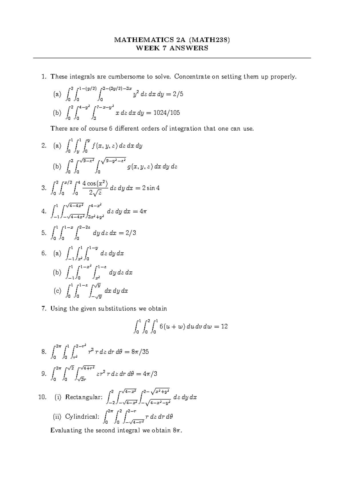 Tut 7 (2017 ) ans - Tut - MATHEMATICS 2A (MATH238) WEEK 7 ANSWERS 1 ...