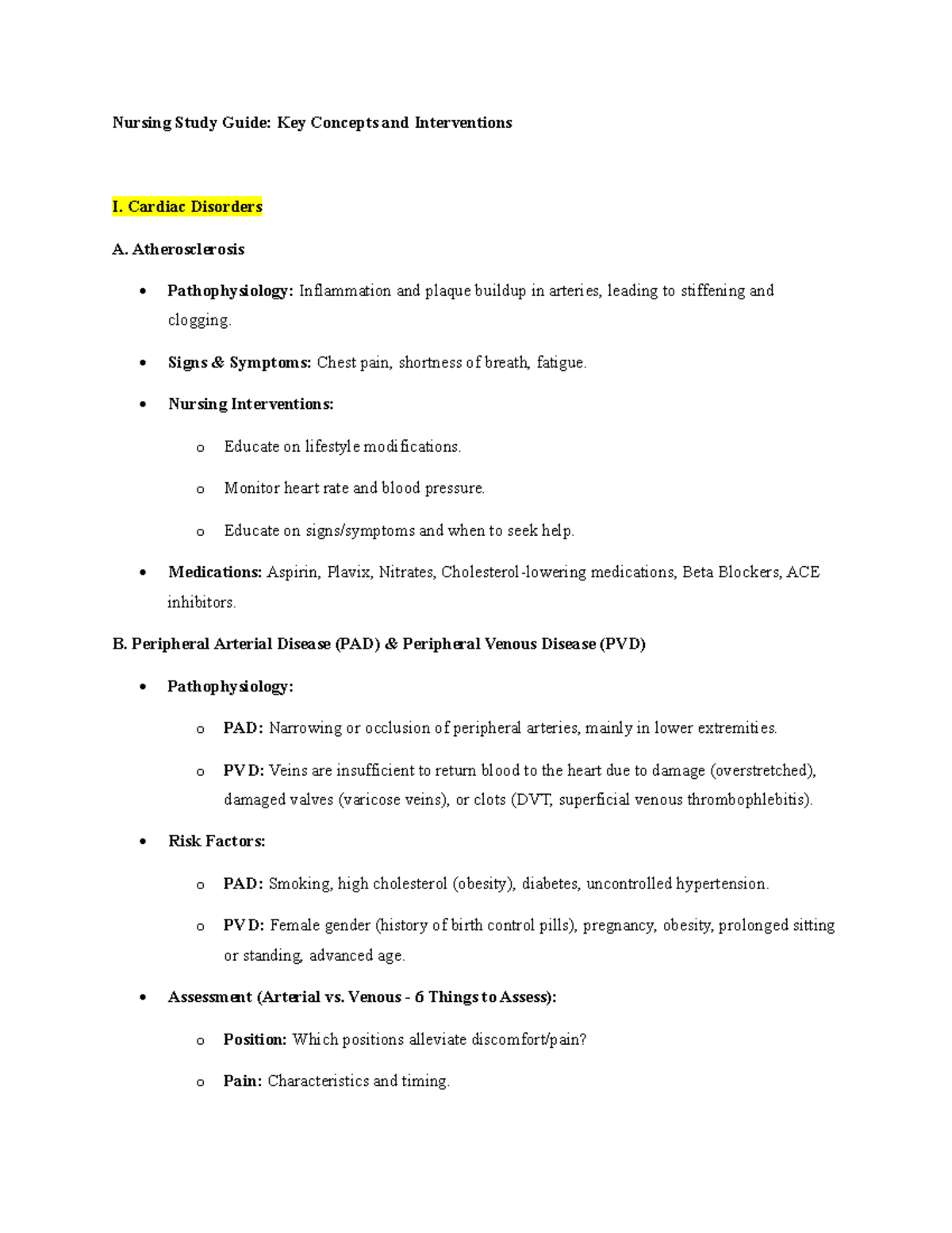 Nursing Study Guide: Cardiac Disorders & Interventions MS - Studocu