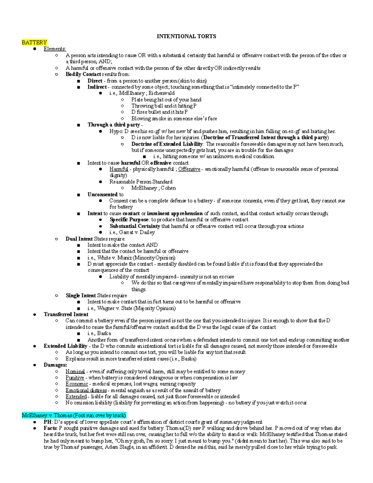 Torts Final Outline: Key Concepts & Cases - INTENTIONAL TORTS 2023 ...
