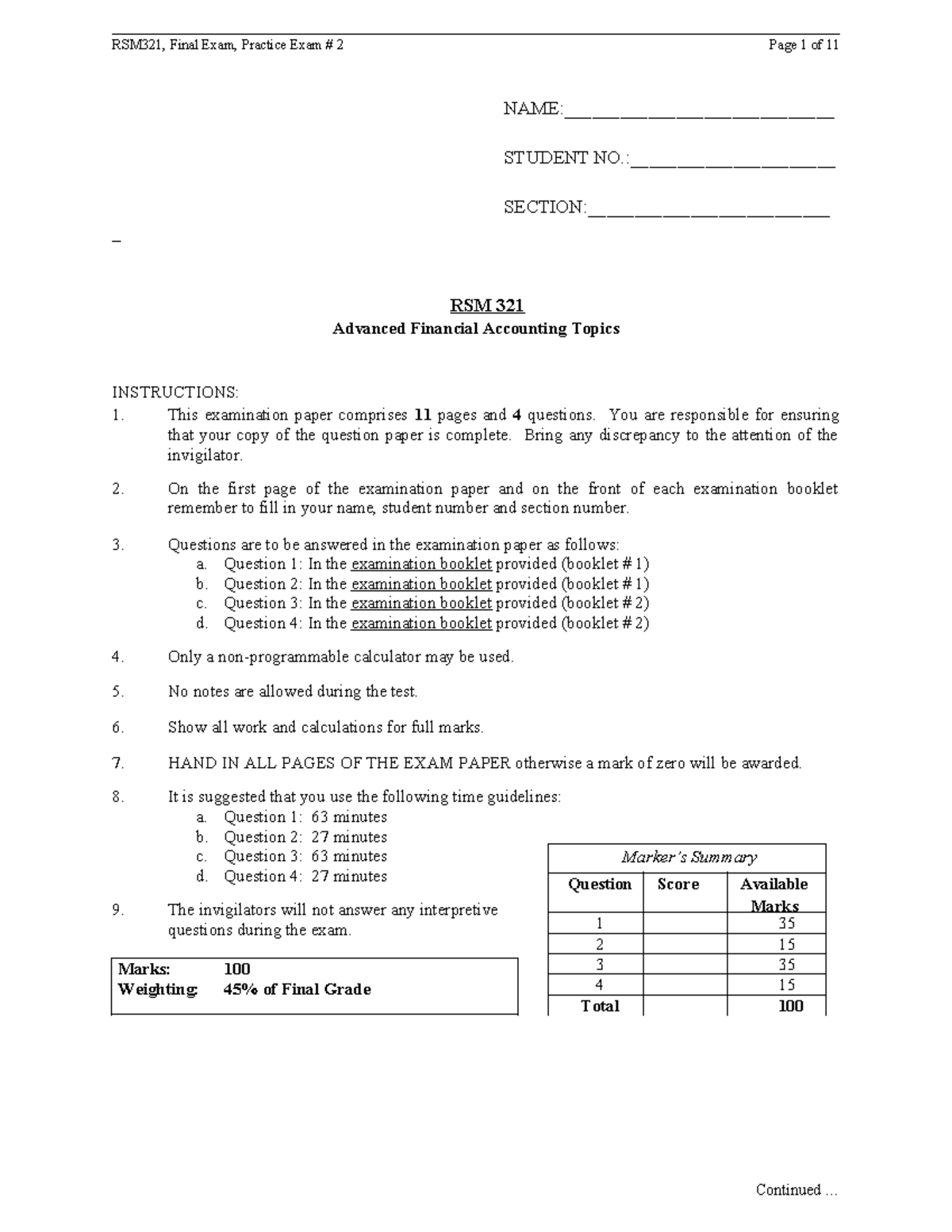 RSM321, Final Exam, Practice Exam 2 - Advanced Financial Accounting ...