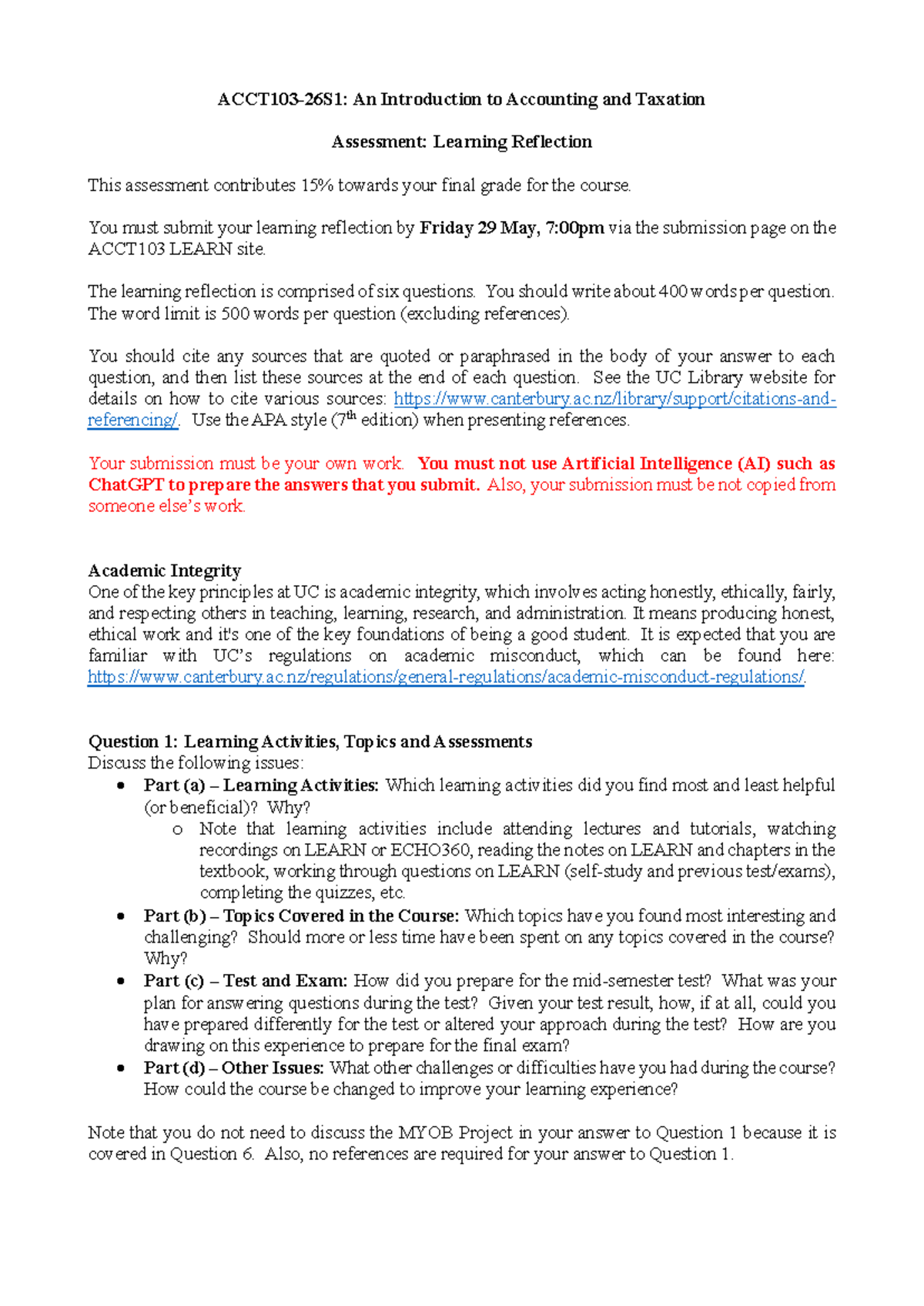 ACCT103-26S1 Final Exam Learning Reflection and Assessment Guide - Studocu