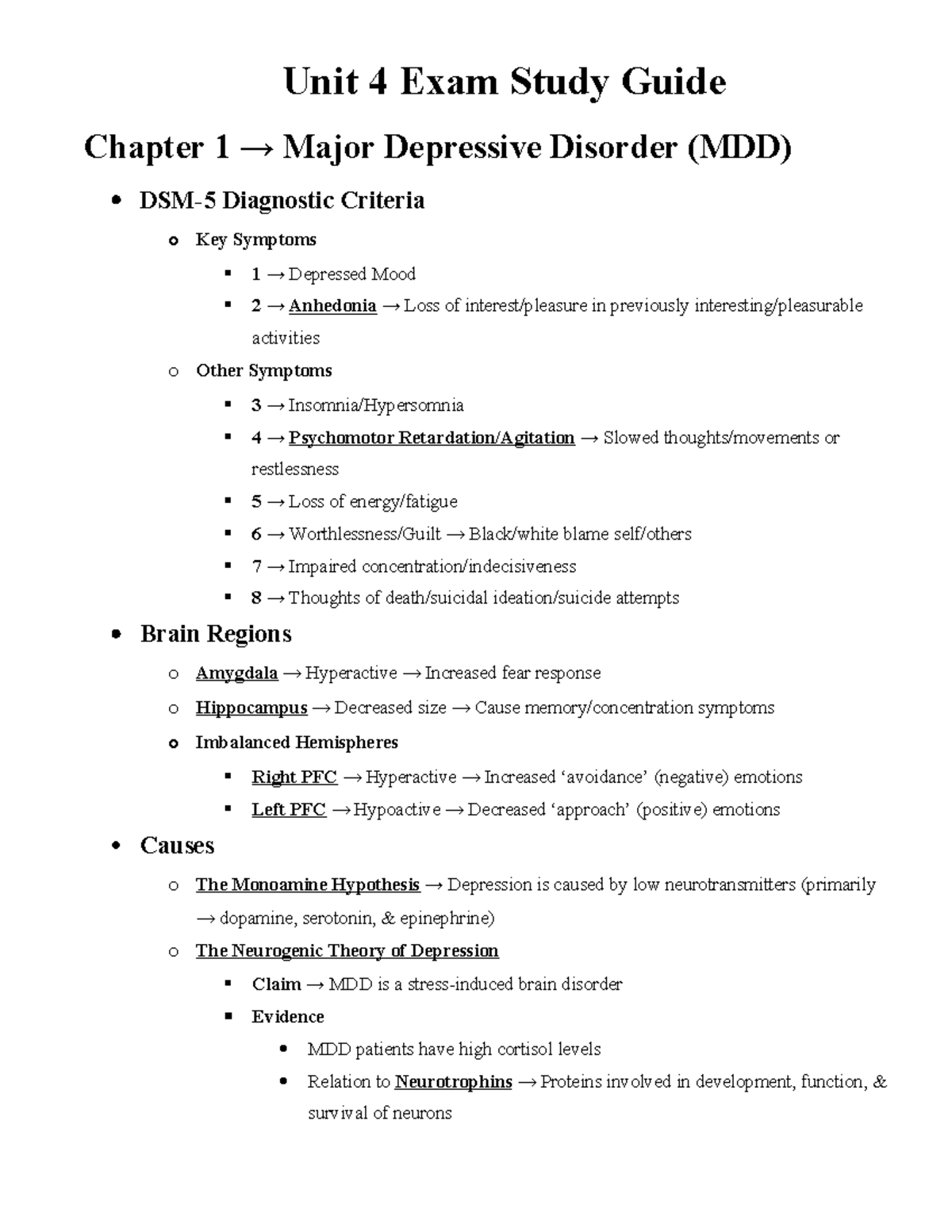 Unit 4 Exam Study Guide: Major Depressive Disorder & Schizophrenia ...