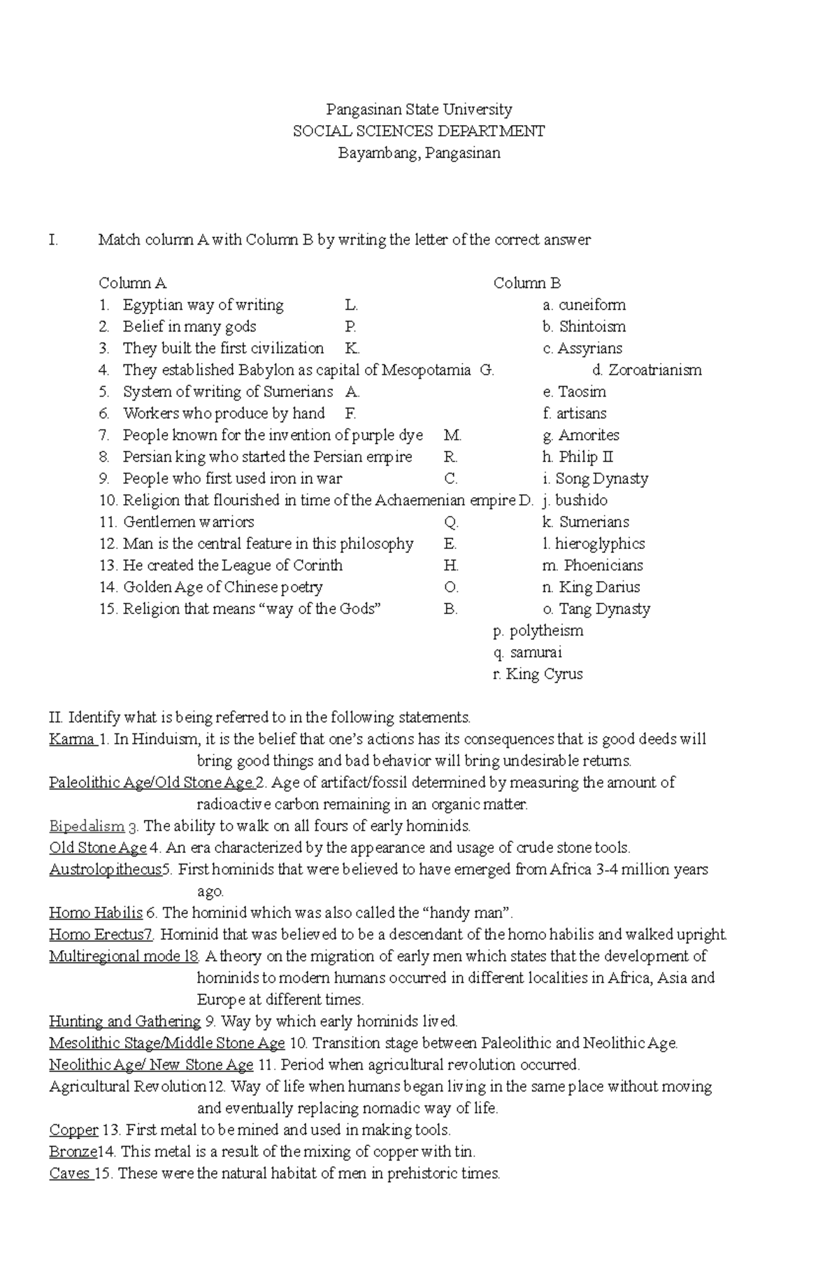SSE 105 long quiz - Long Quiz in Asian Studies - PangSU - Studocu