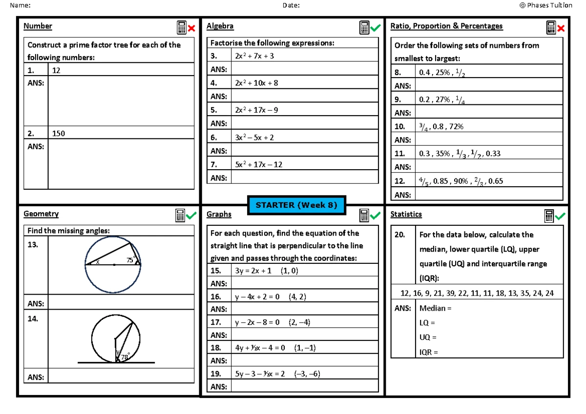 Worksheet - Starter Week 3 - GCSE Maths - Phases Tuition - Studocu