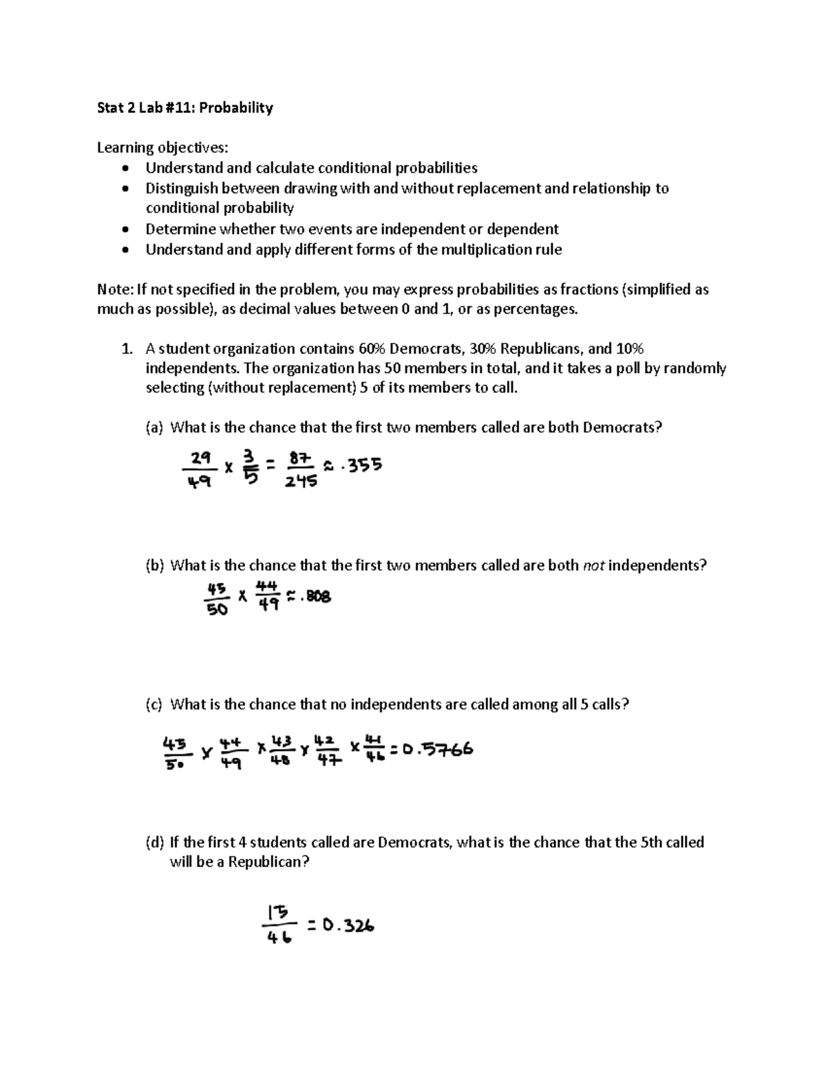 Stat 2 Lab: Conditional Probability & Independence Concepts - Studocu