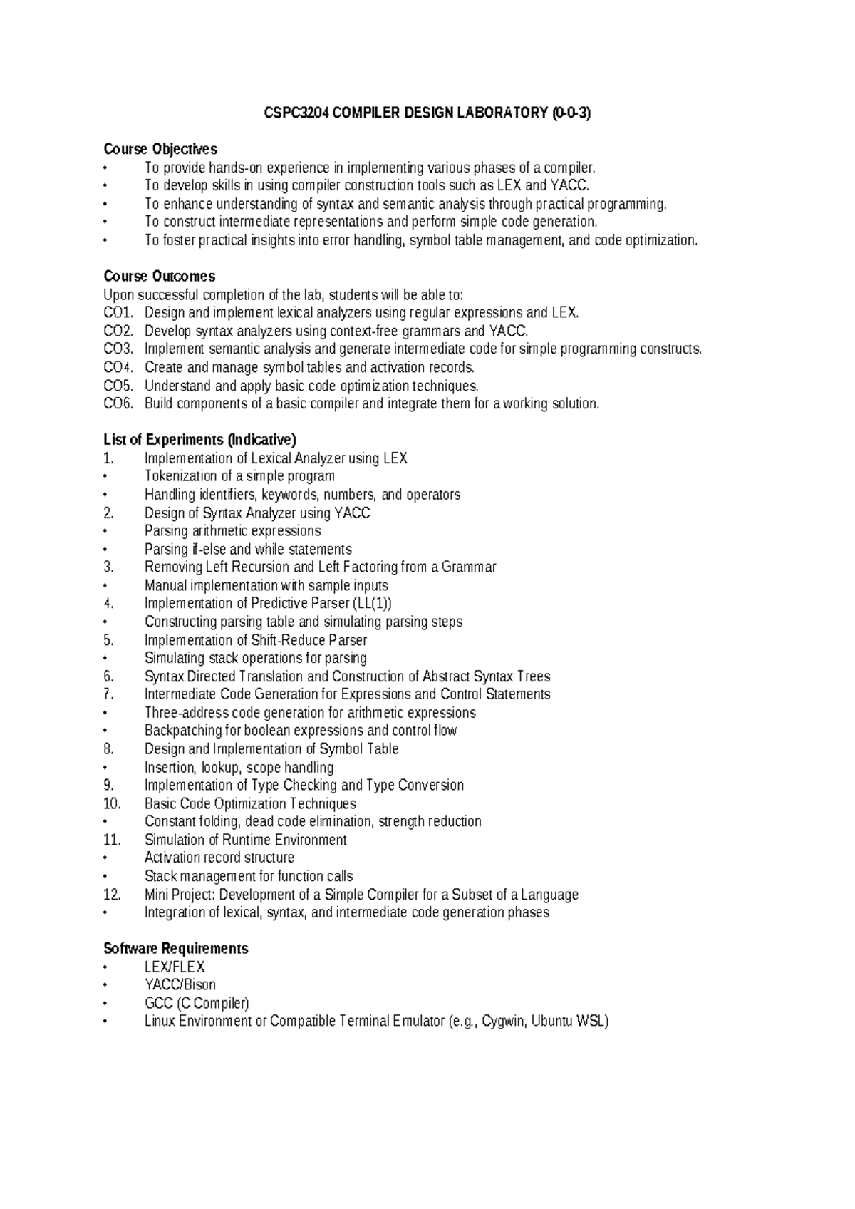 CSPC3204 - Compiler Design Laboratory: Course Objectives & Outcomes ...