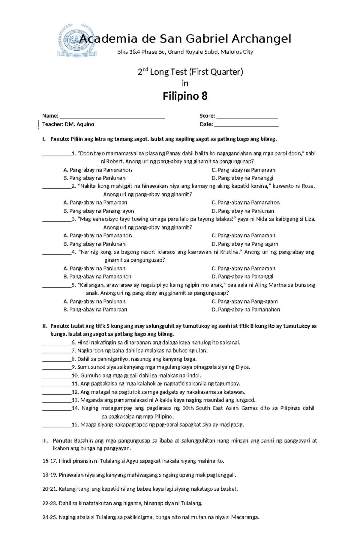 Mathematics IV fourth periodical test review and practice questions ...