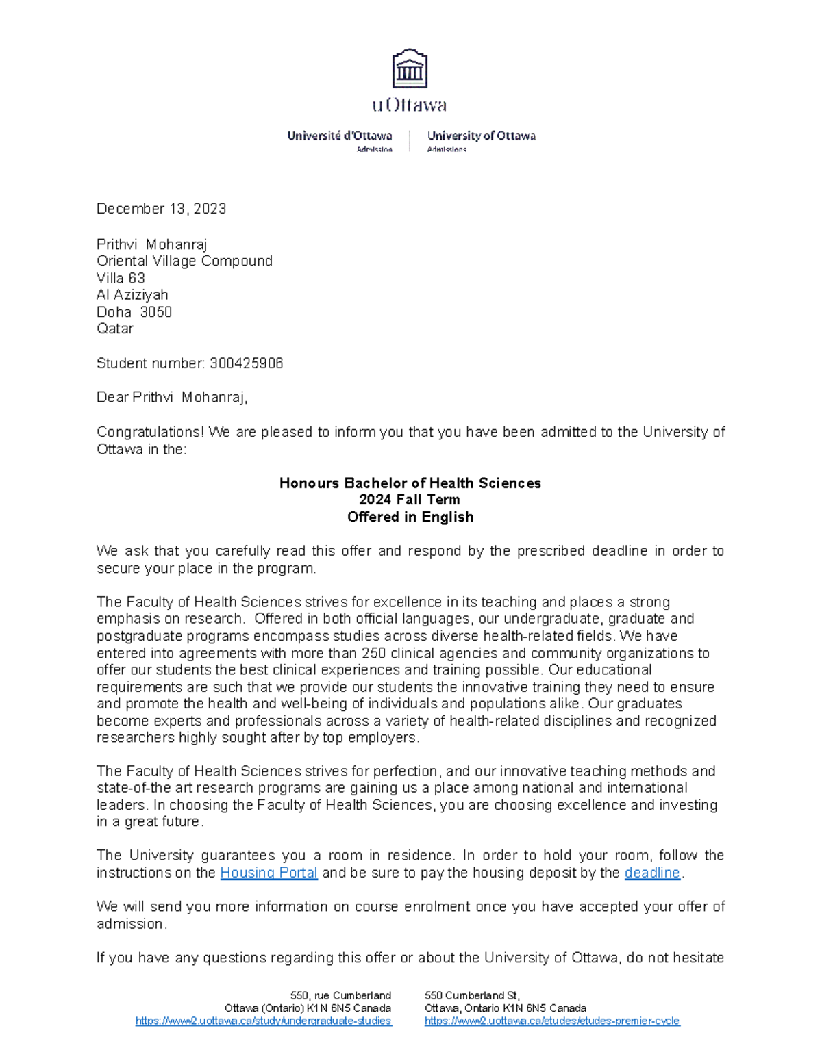 University of Ottawa Admission Offer - Honours BSc Health Sciences 2024 ...