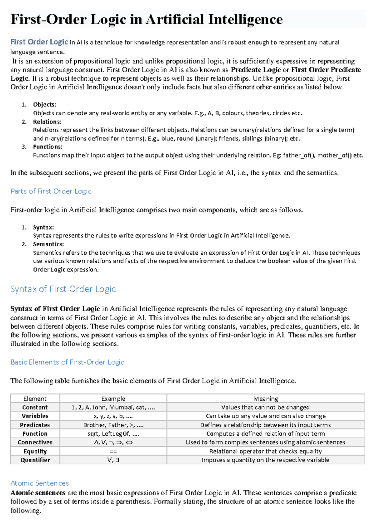 AI UNIT 3 - Ai unit 3 - First-Order Logic in Artificial Intelligence ...