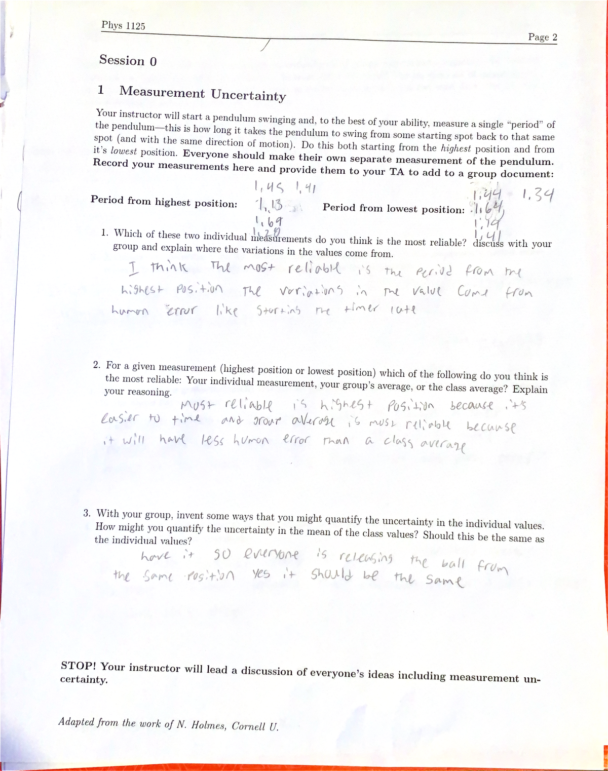 Phyics notes&work - notes for physics lab - Phys 1125 Page 2 Session 0 ...