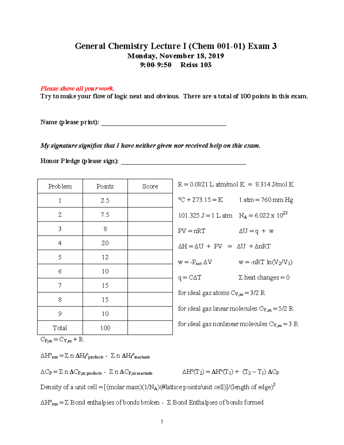 2019 Exam 3 - previous exam - General Chemistry Lecture I (Chem 001-01 ...