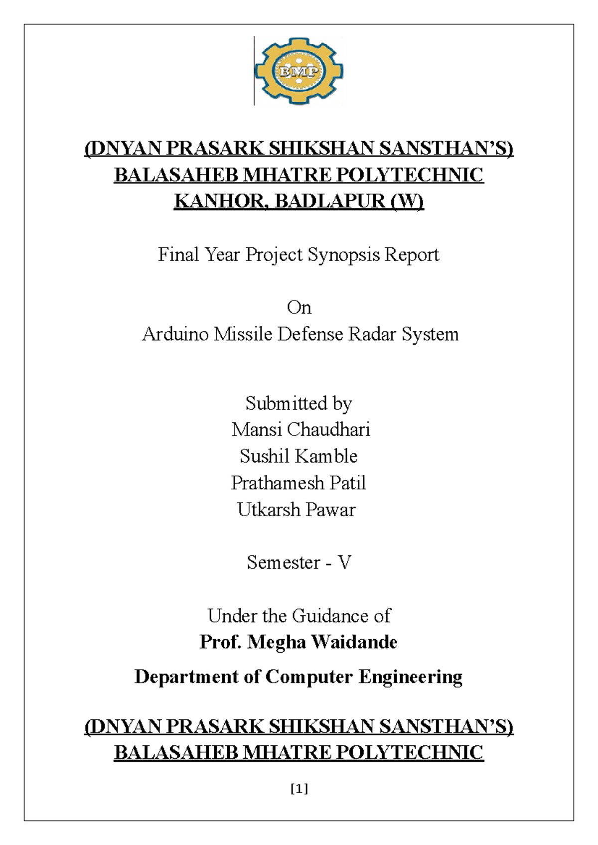Final Year Project Synopsis: Arduino Missile Defense Radar System (CSE ...