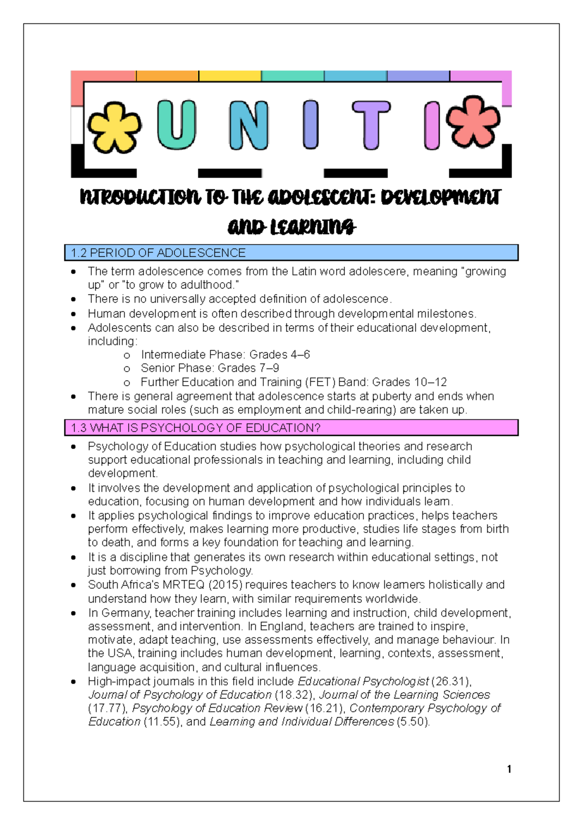 PED 1.2: Adolescent Development and Learning Exam Notes - Studocu