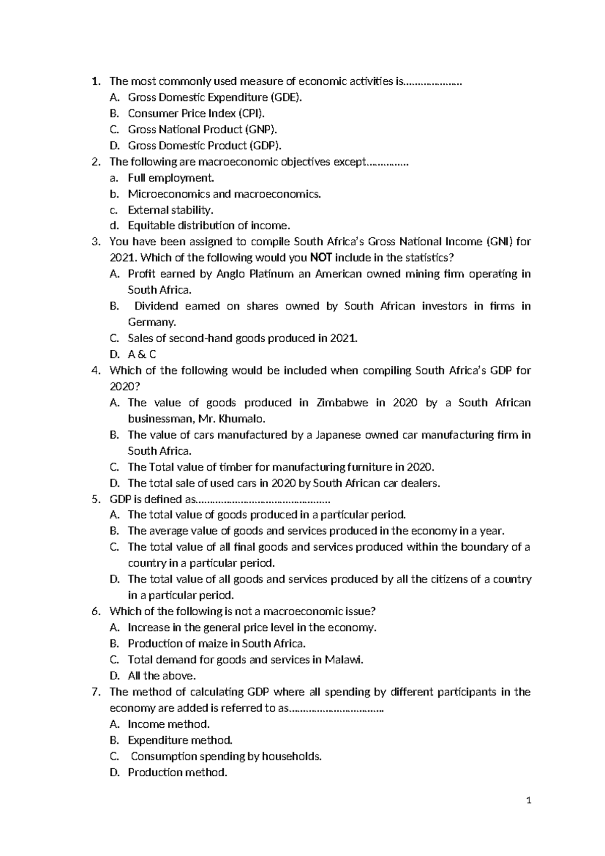 Macroeconomics Test 1: Key Concepts and GDP Calculations - Studocu