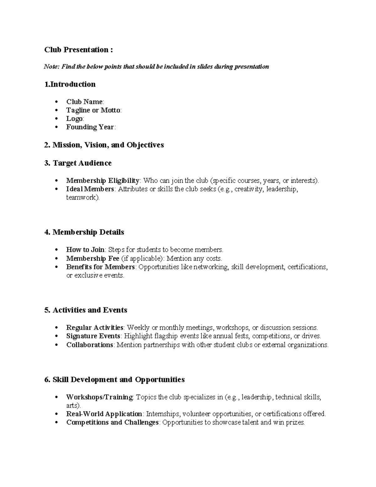 Guidelins of Club Presentation - Club Presentation : Note: Find the ...