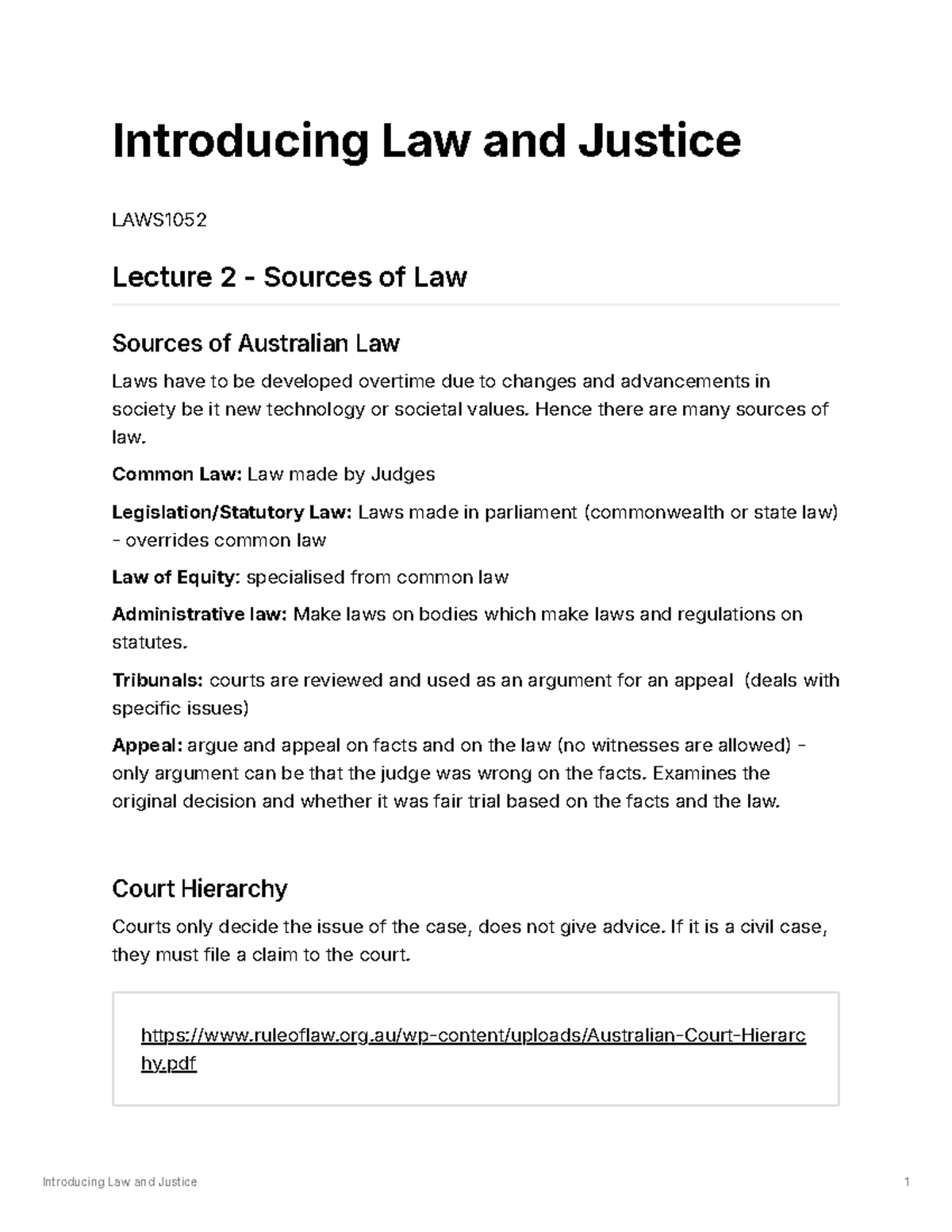 CLASS notes - Inroduction to law and Justice - Introducing Law and ...