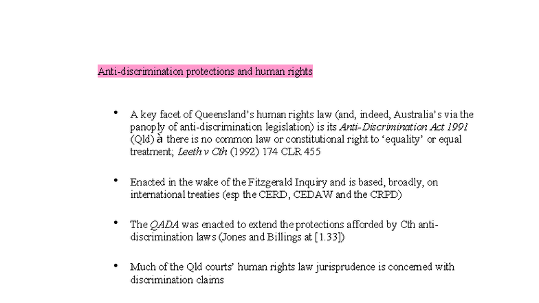 QADA Overview: Protections and Human Rights in Queensland Law - Studocu