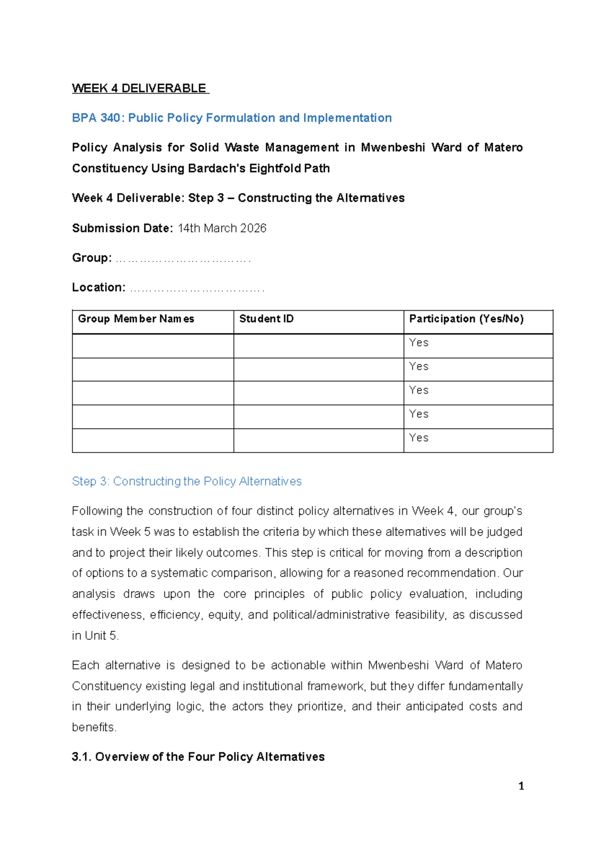 WEEK 4 DELIVERABLE BPA 340: Policy Alternatives for Solid Waste ...