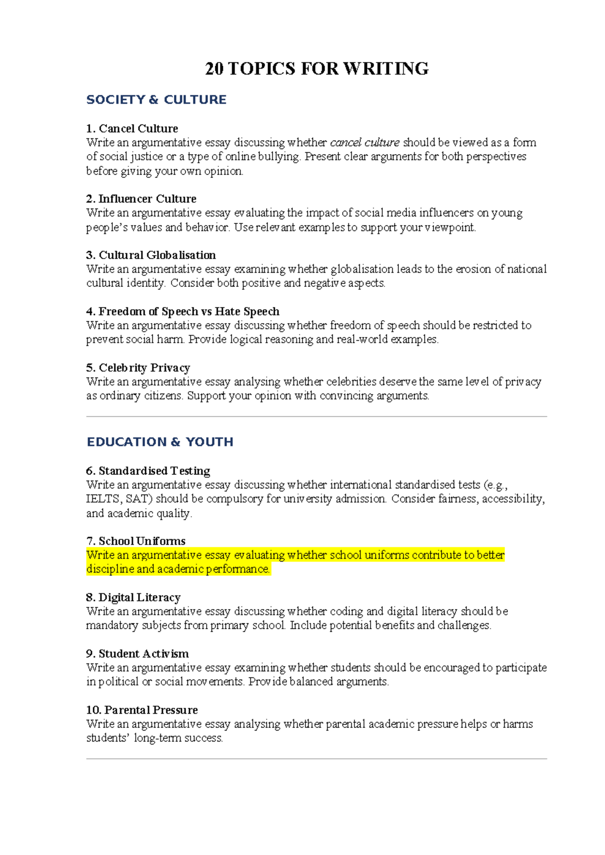 20 Topics for Writing: Society & Culture Essays - Studocu