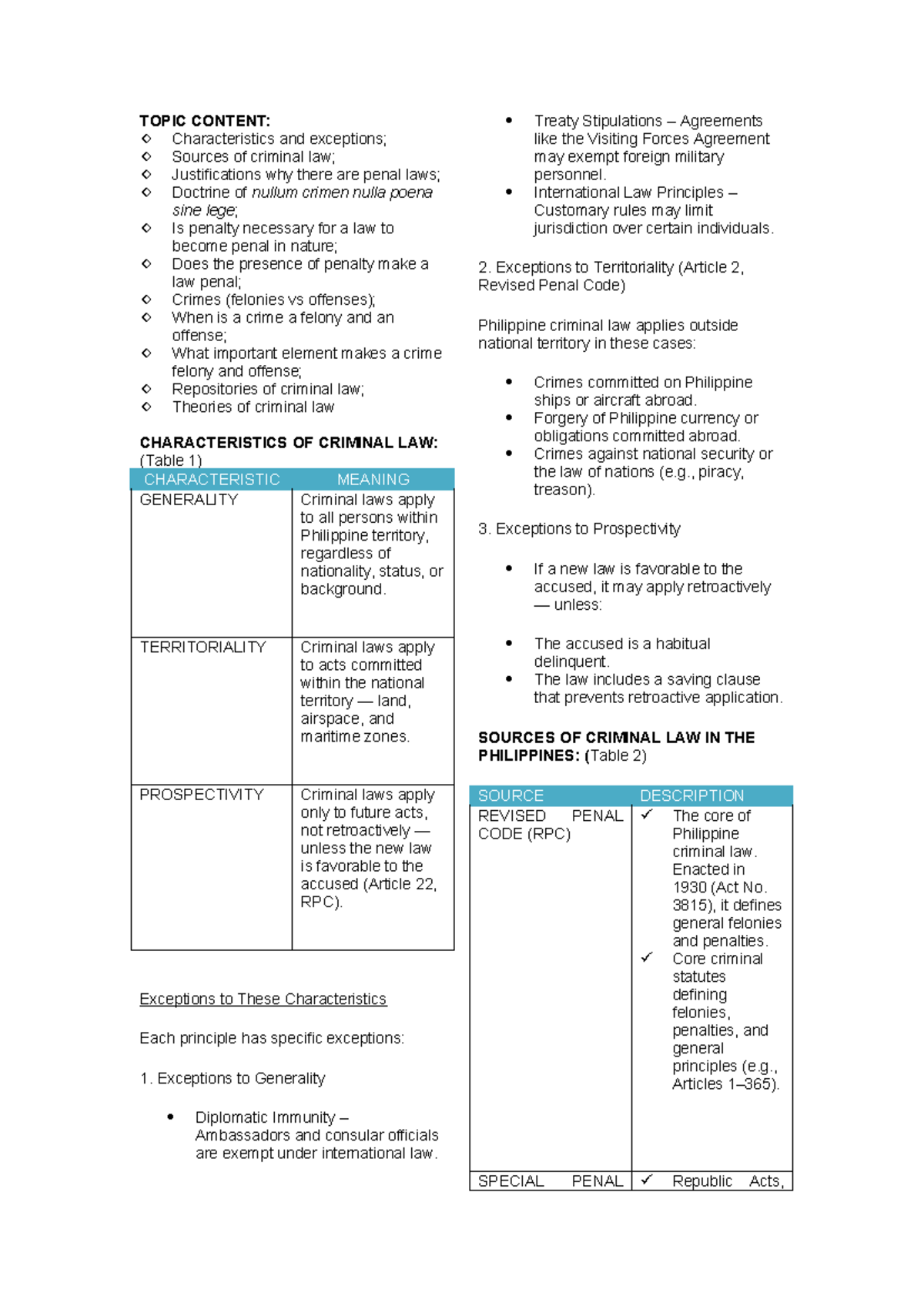 Criminal Law Reviewer (CRIM 101): Characteristics, Sources, and ...