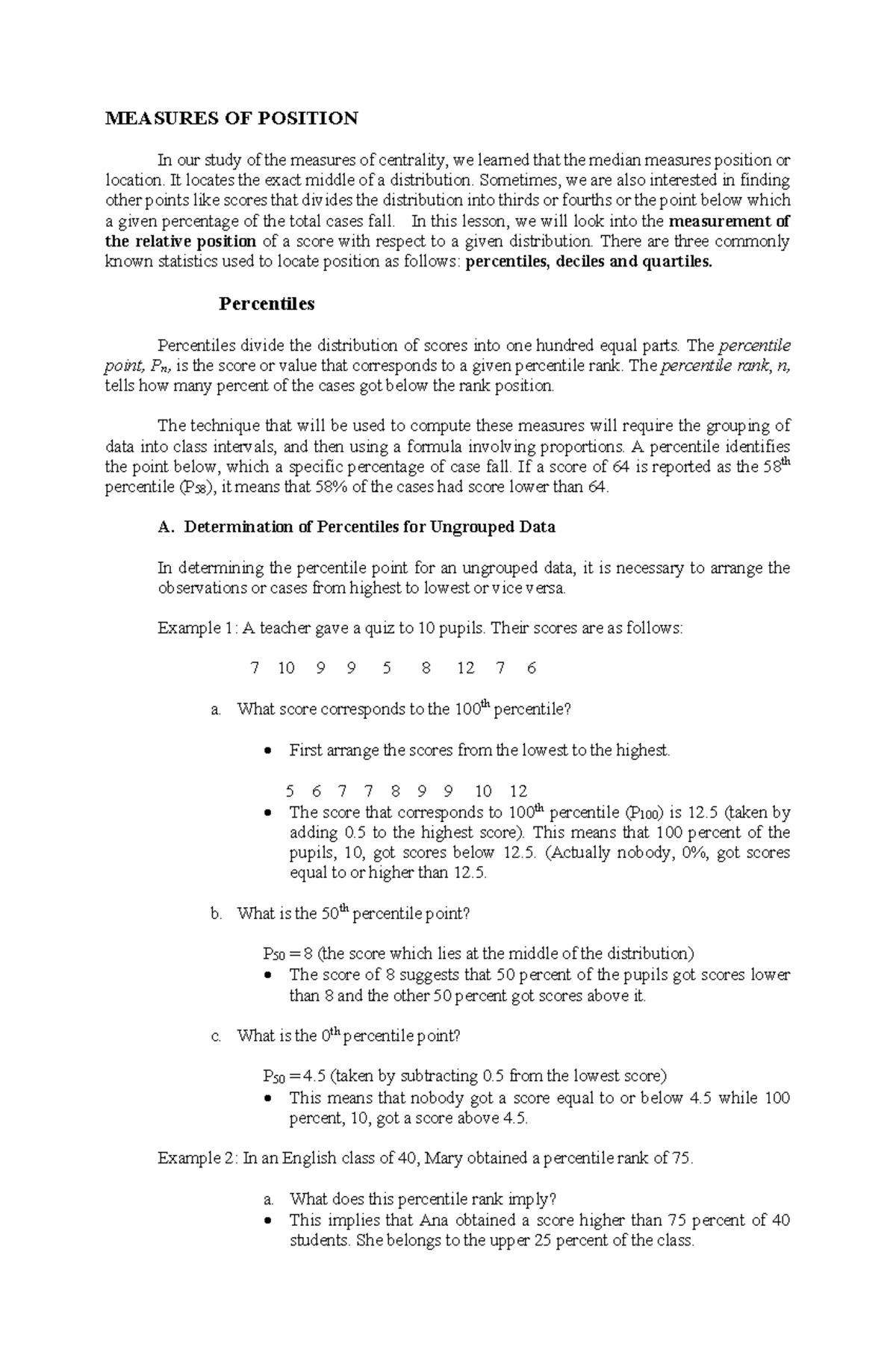 MEASURES OF POSITION: Understanding Percentiles, Quartiles, and Deciles ...